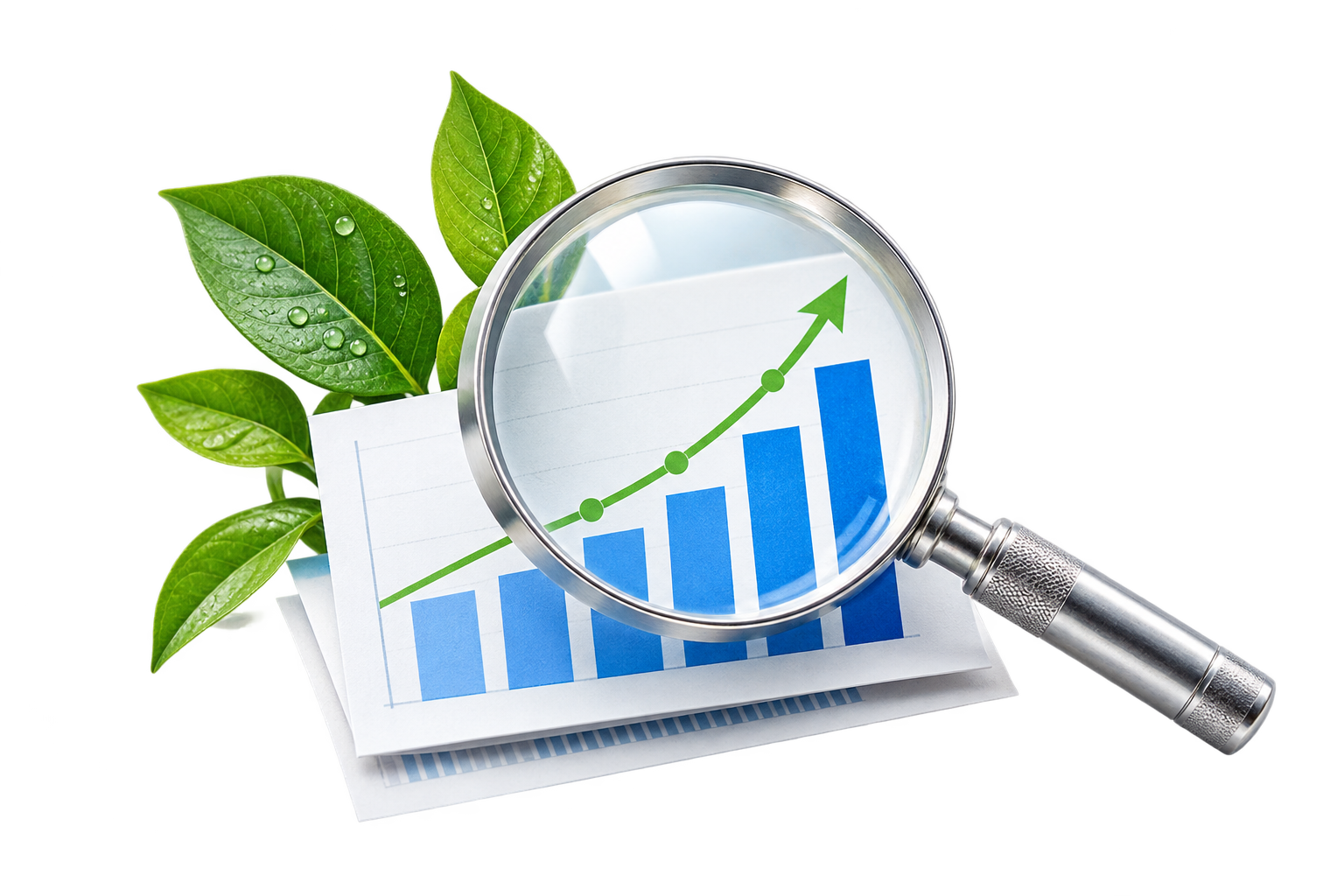 Лупа, график роста и листья для SEO